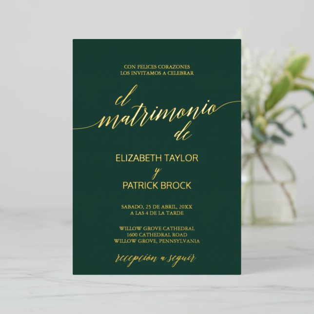Elegant Gold Foil | Emerald Green Spanish Wedding Invitation (Standing Front)