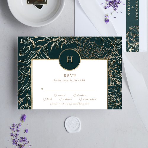 Elegant Gold Foil  Emerald Green Wreath Monogram RSVP Card