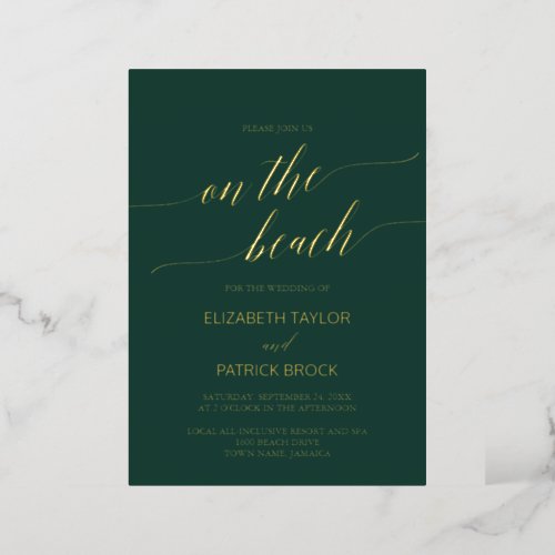 Elegant Gold Foil  Emerald On The Beach Wedding Foil Invitation