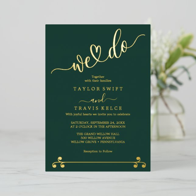 Elegant Gold Foil Emerald Wedding  Invitation (Standing Front)