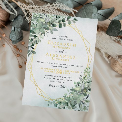 Elegant Gold Foil Eucalyptus Greenery Wedding Foil Invitation