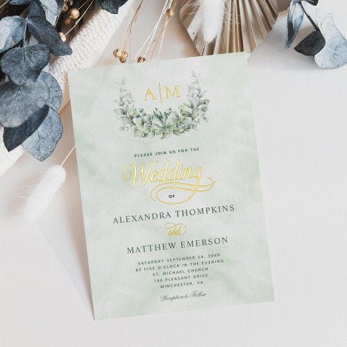 Elegant Gold Foil Eucalyptus Monogram Wedding Foil Invitation