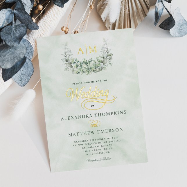 Elegant Gold Foil Eucalyptus Monogram Wedding Invitation (Creator Uploaded)