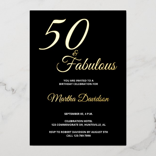 Elegant Gold Foil Fifty and Fabulous 50th Birthday Invitation (Front)