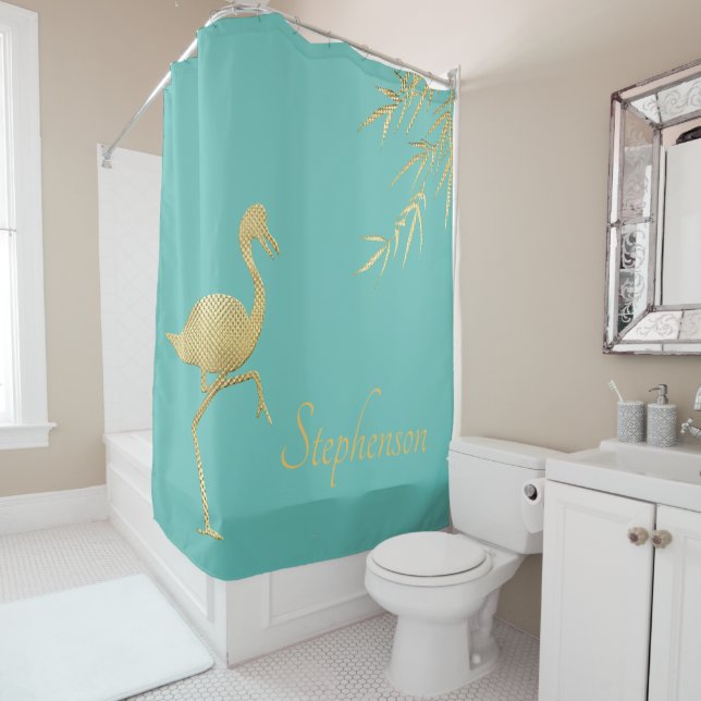 Elegant Gold Foil Flamingo Personalized Shower Curtain (In Situ)