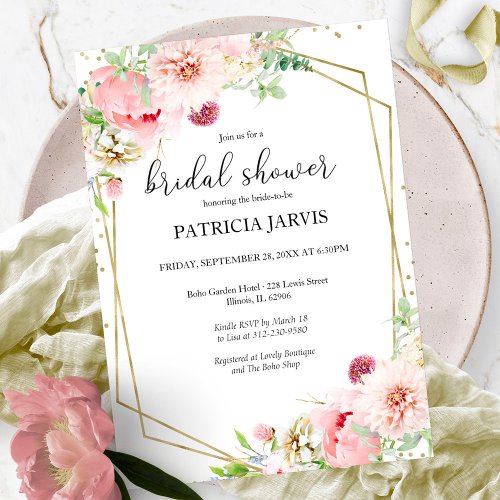 Elegant Gold Foil Floral Geometric Bridal Shower Invitation