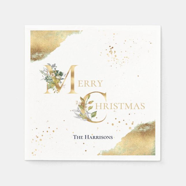 Elegant Gold Foil Floral Glitter Merry Christmas Napkins (Front)