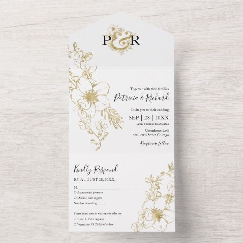 Elegant Gold Foil Floral Monogram Wedding All In One Invitation