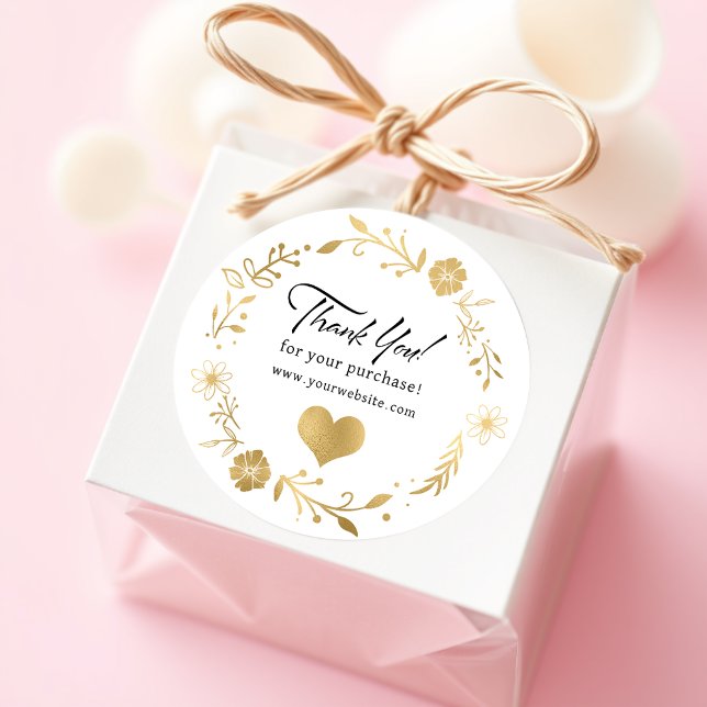 Elegant Gold Foil Floral Wreath Heart Thank You Classic Round Sticker (Creator Uploaded)