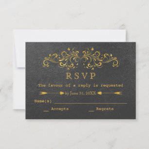 Elegant Gold Foil Flourish Black Wedding RSVP Card