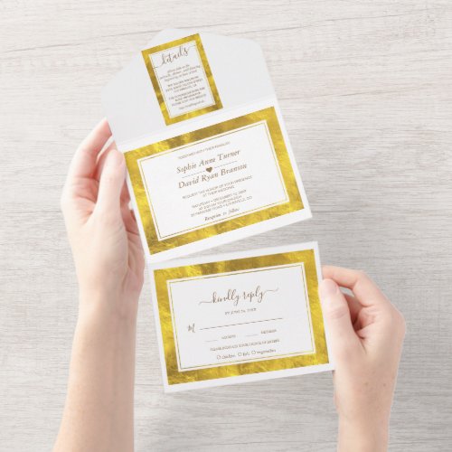 Elegant Gold Foil Frame Calligraphy Wedding   All In One Invitation