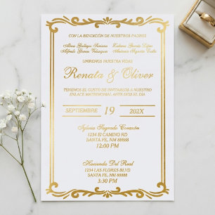 Elegant gold foil frame wedding Spanish Invitation