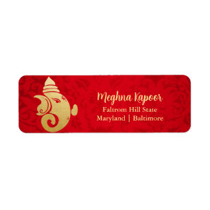 Elegant Gold Foil Ganapati Indian God Red Damask Label