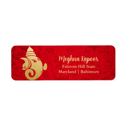 Elegant Gold Foil Ganapati Indian God Red Damask Label