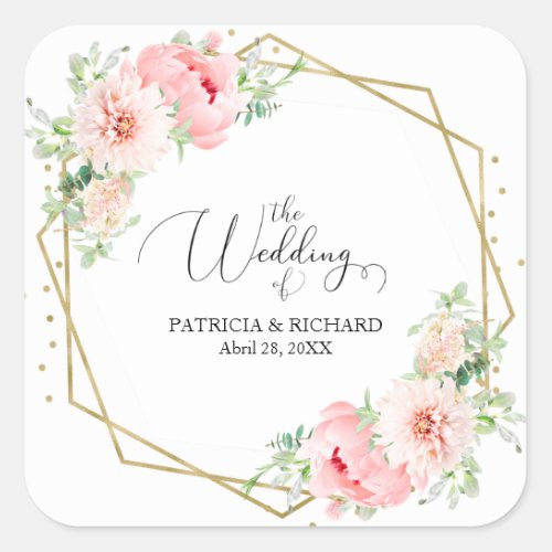 Elegant Gold Foil Geometric Blush Floral Wedding Square Sticker