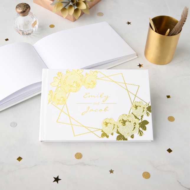 Elegant Gold Foil Geometric Pattern Floral Foil Guest Book (Front Open)