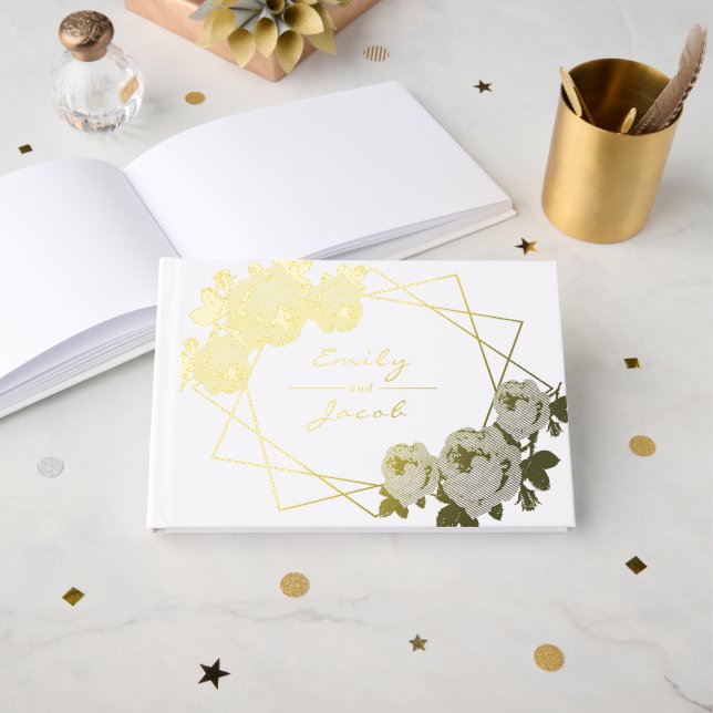 Elegant Gold Foil Geometric Pattern Floral Guest Book (Front Open)