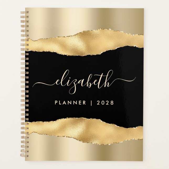 Elegant Gold Foil Glitter Monogrammed Black Planner (Front)