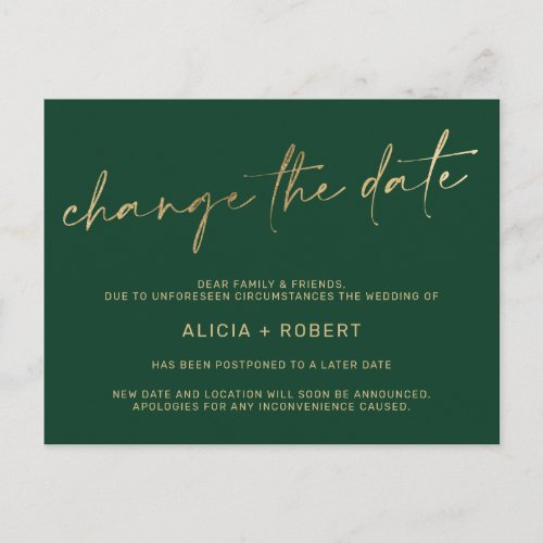 Elegant gold foil green wedding change the date announcement postcard