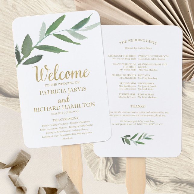 Elegant Gold Foil Greenery Wedding Programs Hand Fan (Creator Uploaded)
