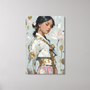 Elegant Gold Foil Hanbok Portrait and Lotus Canvas Print