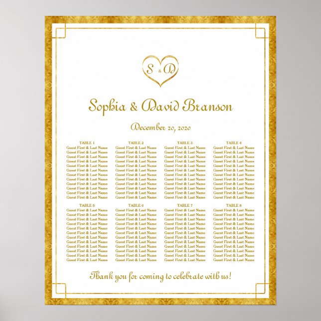 Elegant Gold Foil Heart Frame Weddin Seating Chart (Front)