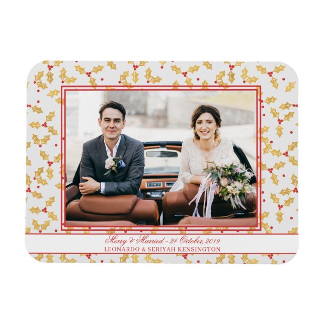 Elegant Gold Foil Holly Merry Married Christmas Magnet (Horizontal)