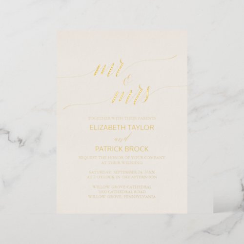 Elegant Gold Foil  Ivory Mr  Mrs Wedding Foil Invitation