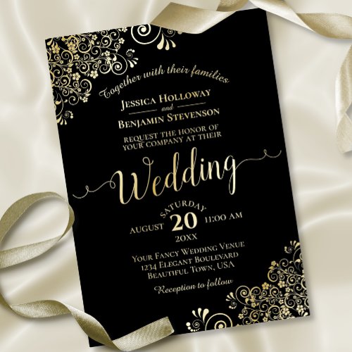 Elegant Gold Foil Lace on Black Classy Wedding  Foil Invitation