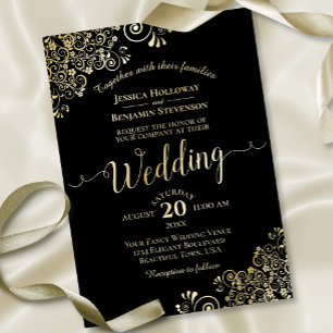 Elegant Gold Foil Lace on Black Classy Wedding  Invitation