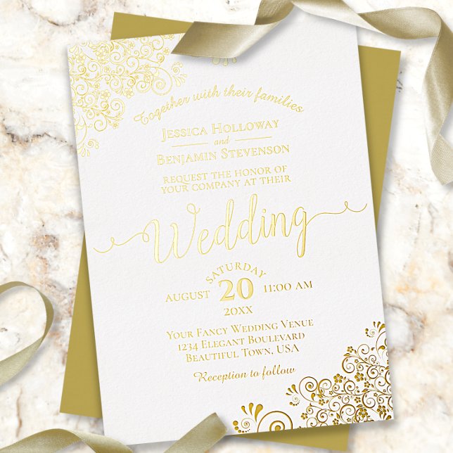 Elegant Gold Foil Lace on Classic White Wedding Foil Invitation