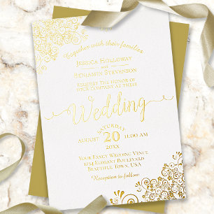 Elegant Gold Foil Lace on Classic White Wedding Invitation