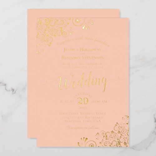 Elegant Gold Foil Lace on Coral Peach Wedding Foil Invitation
