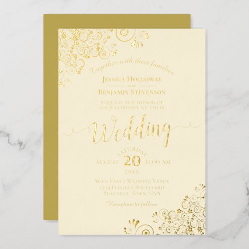 Elegant Gold Foil Lace on Ivory Cream Wedding Foil Invitation