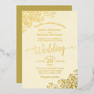 Elegant Gold Foil Lace on Ivory Cream Wedding Invitation