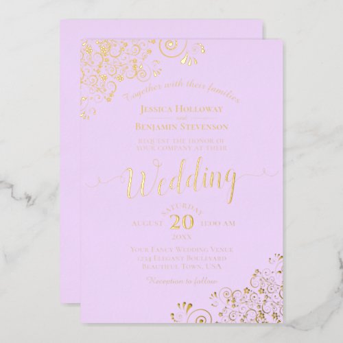 Elegant Gold Foil Lace on Lilac Purple Wedding Foil Invitation