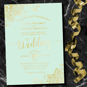 Elegant Gold Foil Lace on Pale Mint Green Wedding Invitation