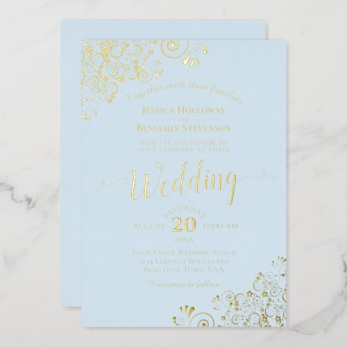 Elegant Gold Foil Lace on Powder Blue Wedding Foil Invitation