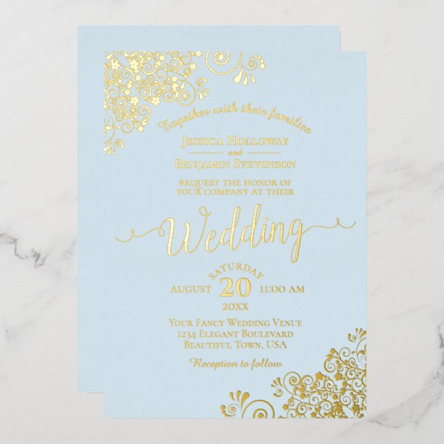 Elegant Gold Foil Lace on Powder Blue Wedding Foil Invitation (Front/Back)