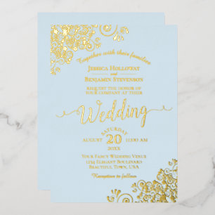 Elegant Gold Foil Lace on Powder Blue Wedding Invitation