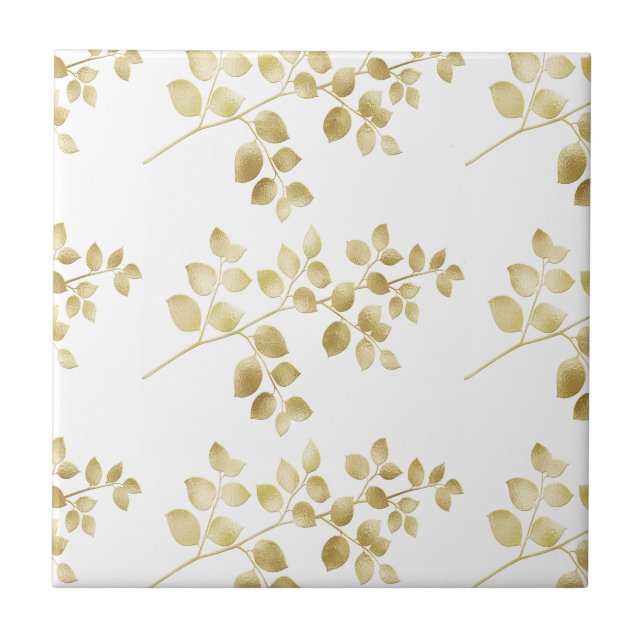  Elegant Gold Foil Leaves Glitter    Ceramic Tile (Front)