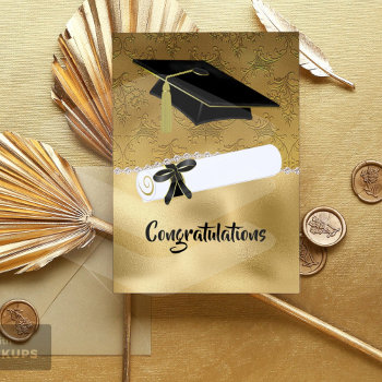 Elegant Gold Foil Like Damask Graduation Card by DizzyDebbie at Zazzle