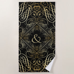 Elegant Gold Foil Look Filigree Scrollwork Black Beach Towel