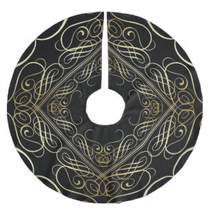 Elegant Gold Foil Look Filigree Scrollwork Black Brushed Polyester Tree Skirt