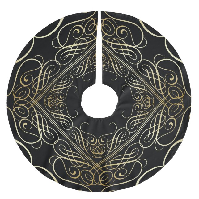 Elegant Gold Foil Look Filigree Scrollwork Black Brushed Polyester Tree Skirt (Front)