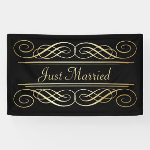 Elegant Gold Foil Look Scrollwork Script on Black Banner