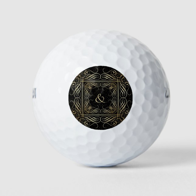 Elegant Gold Foil Look Scrollwork Script on Black Golf Balls (Front)