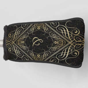 Elegant Gold Foil Look Scrollwork Script on Black Golf Head Cover