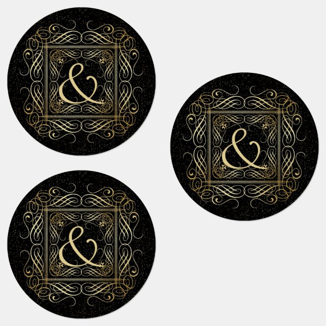 Elegant Gold Foil Look Scrollwork Script on Black Labels (Group)