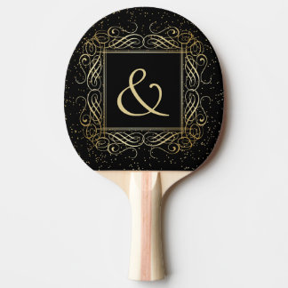 Elegant Gold Foil Look Scrollwork Script on Black Ping-Pong Paddle